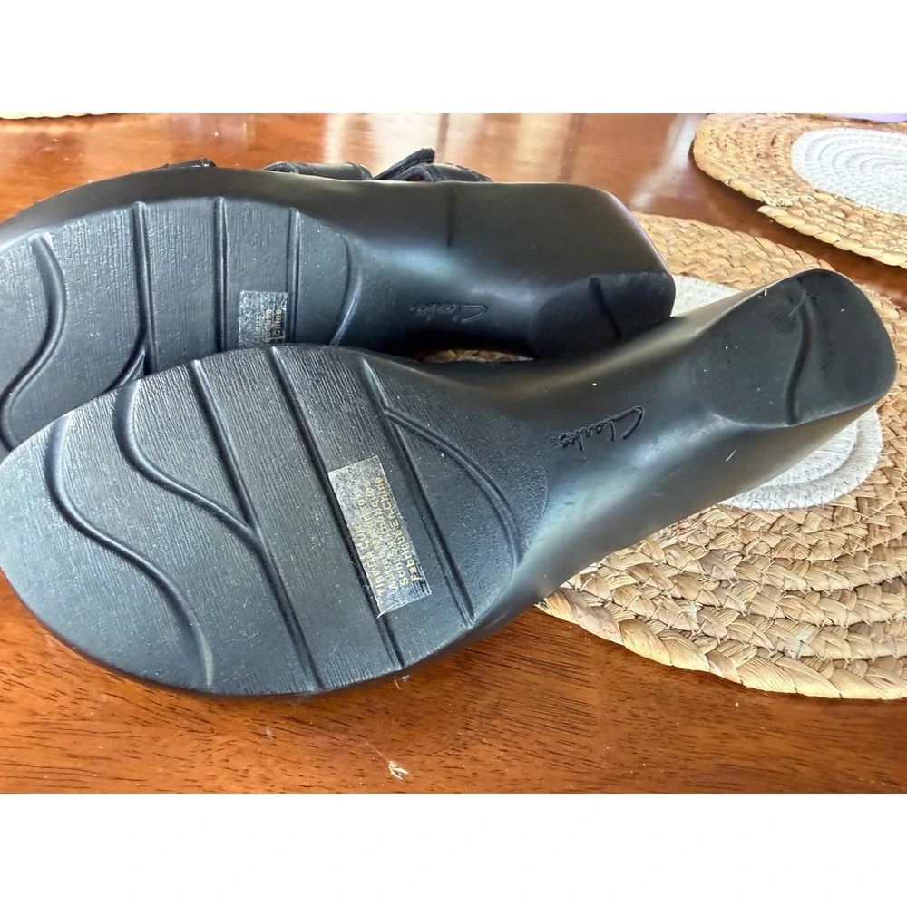 Clarks Bendables Black Leather Wedge Slide Sandals Womens 9.5‎ M comfort